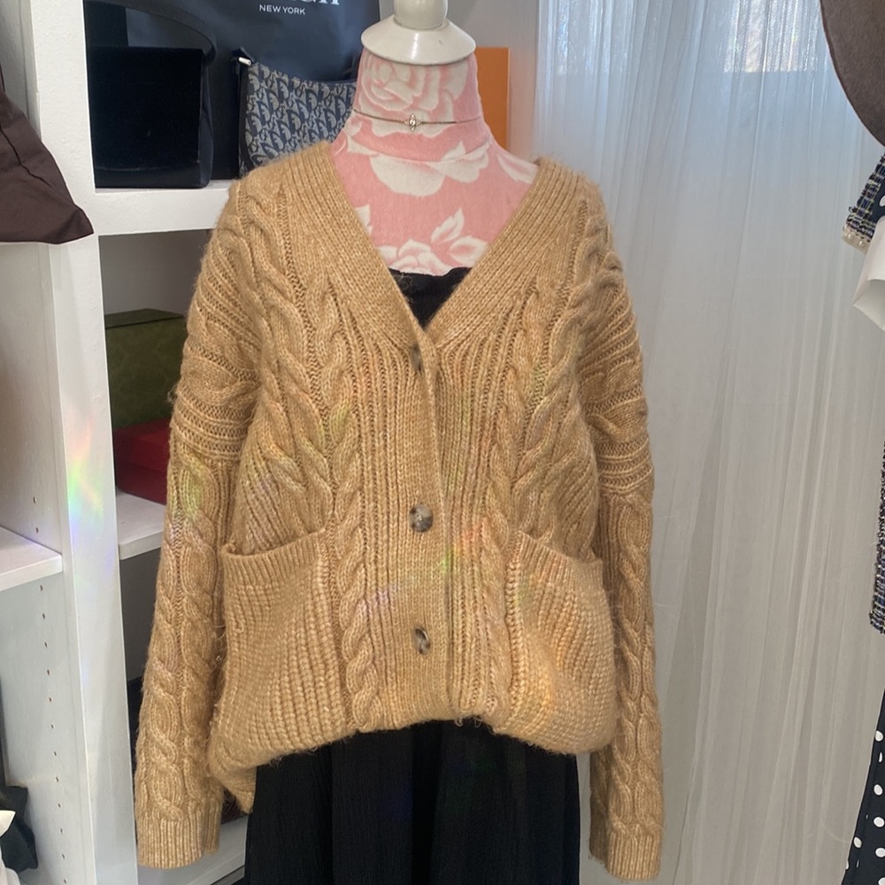 Loft Cable Knit Tan Boyfriend Oversize Sweater Size L